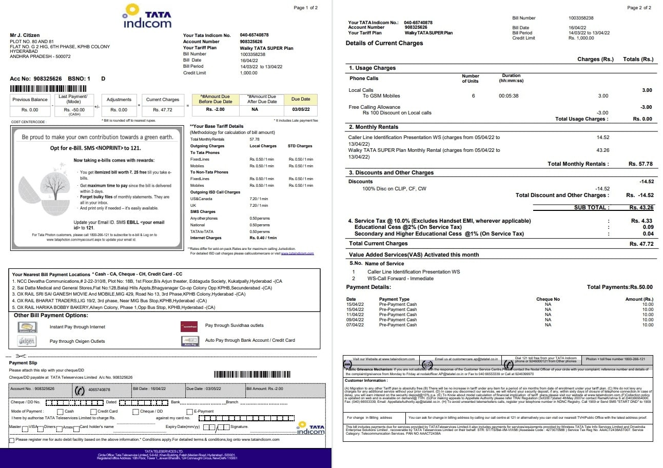 India Tata Indicom mobile utility bill template in Word and PDF format, 2 pages